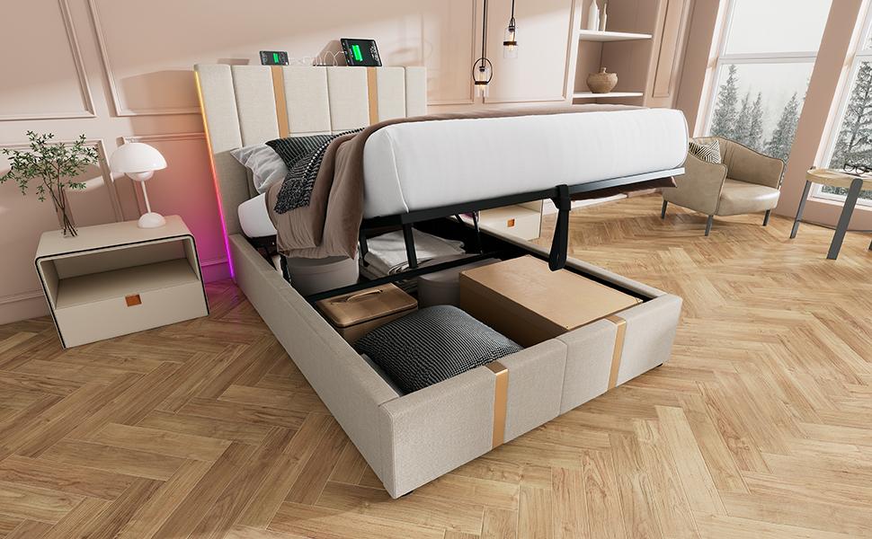 Upholstered Bed USB Type C Charging Single 90x200 Storage Bed Frame, Slatted Frame Made of Wood, Beige Linen Material (With Mattress)