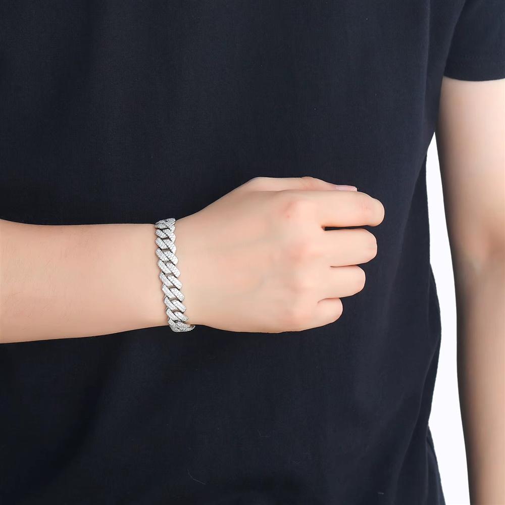 Hip Hop Jewelry Spring Clasp 13mm Rhombus Strip Cuban Link Bracelet Bling CZ Iced Out Prong Cuban Link Chain Bracelet