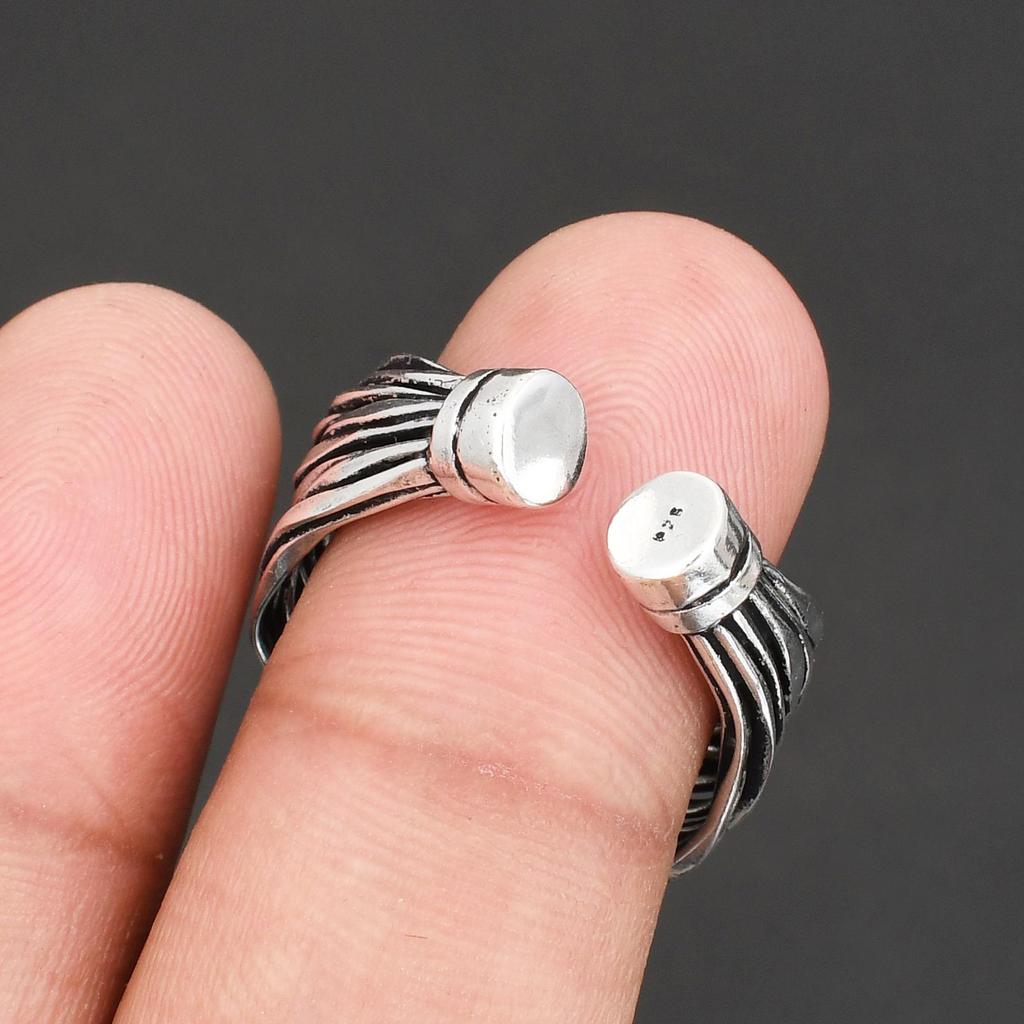 Handmade 925 Sterling Silver Wire Wrapped Band Ring, Adjustable Statement Cuff Ring for Men and Women