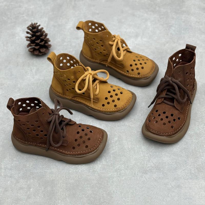 Retro Handmade Genuine Leather Cutout Flat Boots with Round Toe and Lace-up Design for Summer