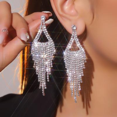 Fashion Versatile Long Fringed Earrings Personalized Shiny Rhinestone Earrings