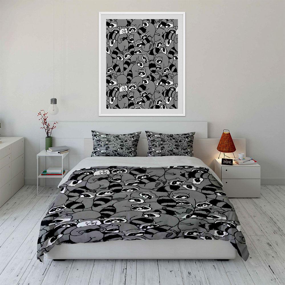 Cartoon Raccoon Cluster Scene Duvet Cover Set With 3D Printing Design Soft Polyester Bedding Set All-Season Comfort For Gifts