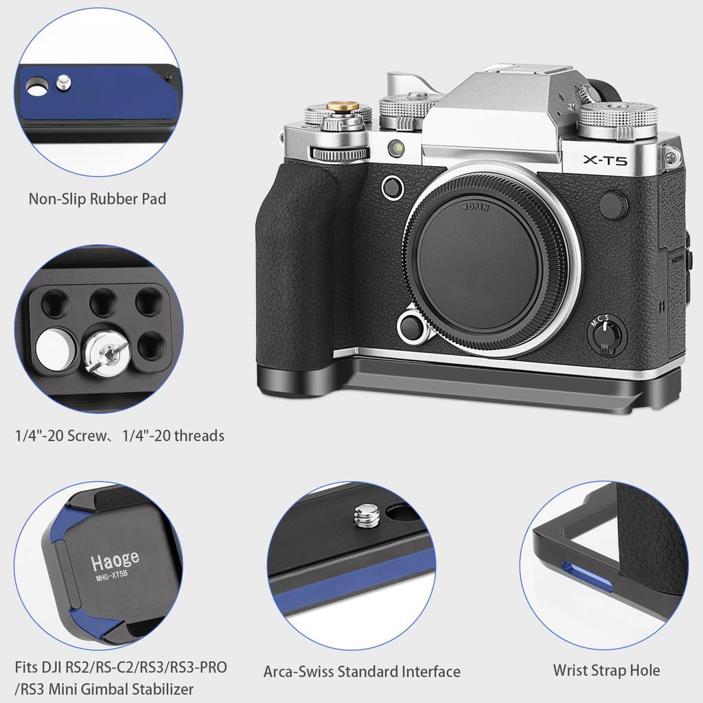 Haoge Handle Grip for Fujifilm XT5 Grip with Ergonomic Silicone Side Handle and Plate for DJI Mini Gimbal Black X-T5 Camera, L-Shaped Arca-Swiss