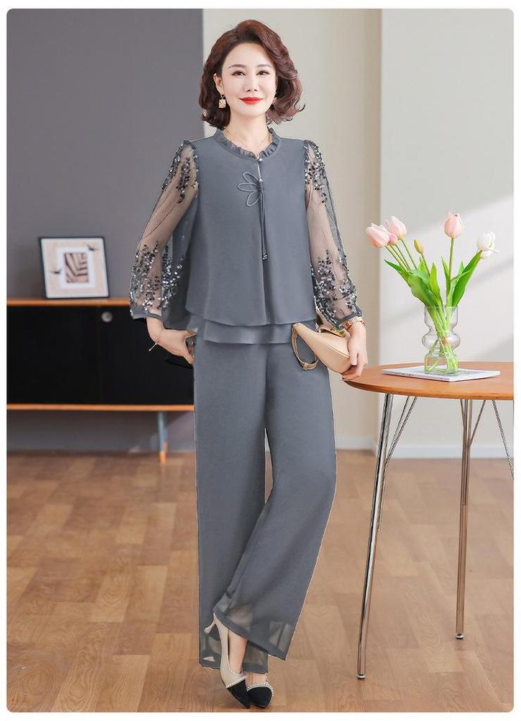 Women's 2025 Stylish Spring Suit: Gauze Sleeve Blouse & Two-Piece Set for Middle-Aged & Elderly