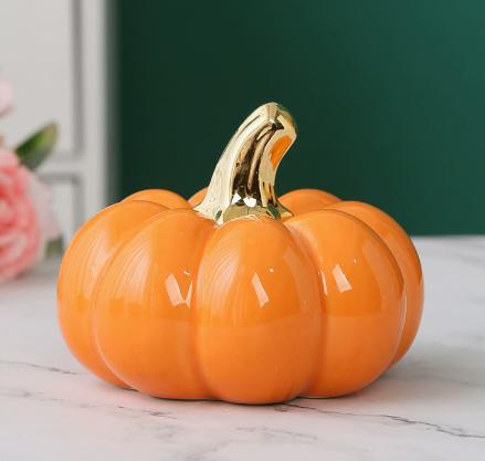 Small Orange Ceramic Pumpkin Decoration - Fall Tabletop Figurine for Home Mantel Shelf Centerpiece