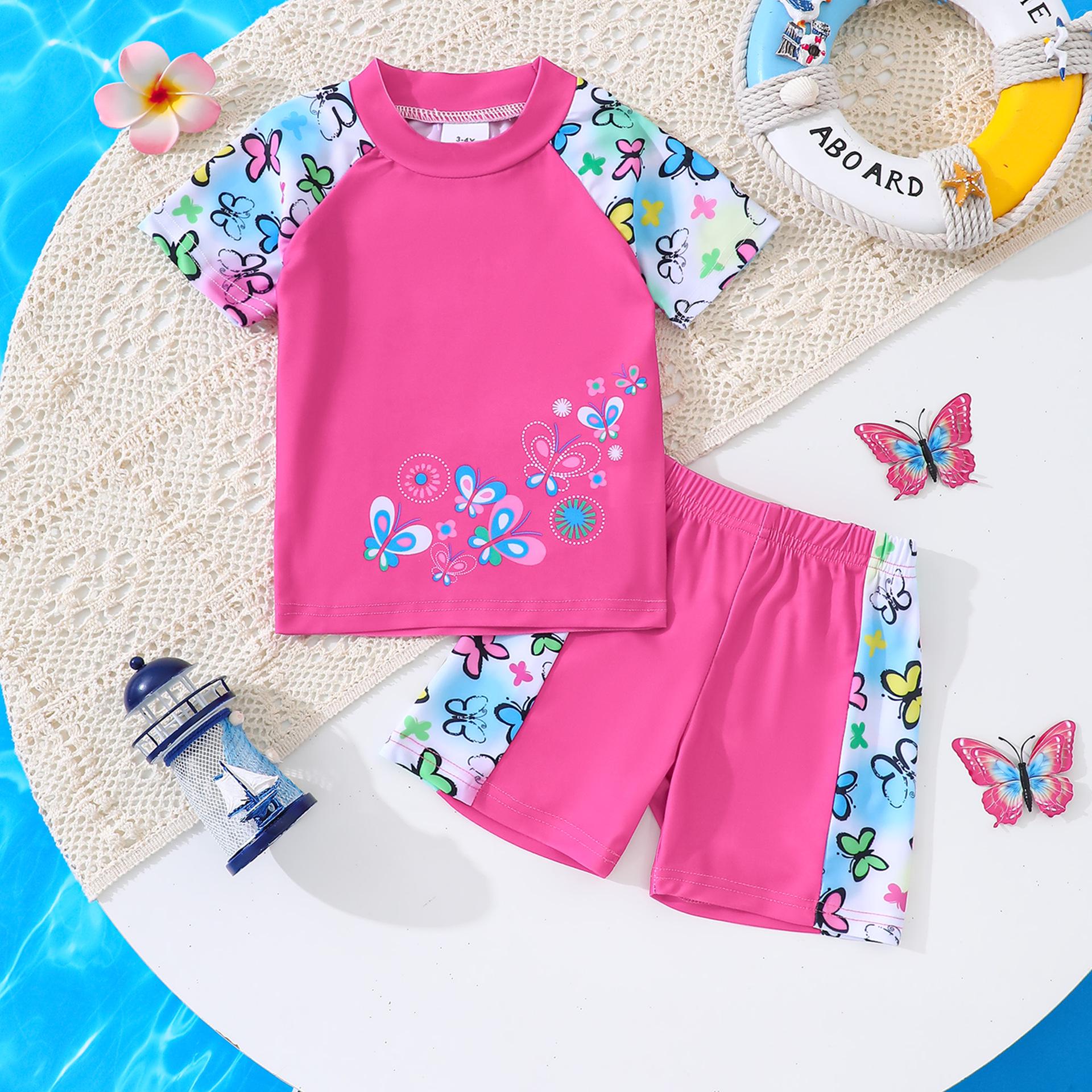 Girls  Floral Butterfly Print Swimsuit Set with Shorts - Summer Vacation Casual 4-5 Years маджента