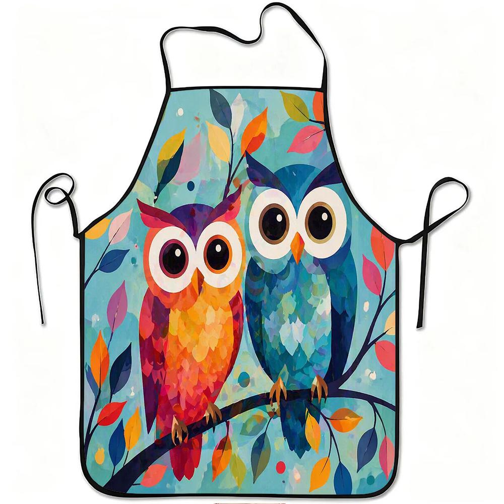 1pc Colorful Owl Couple Art Print Apron, Durable And Easy to Clean, Adjustable Waistband, Polyester Material, for Kitchen Cooking, Gardening, Orchard