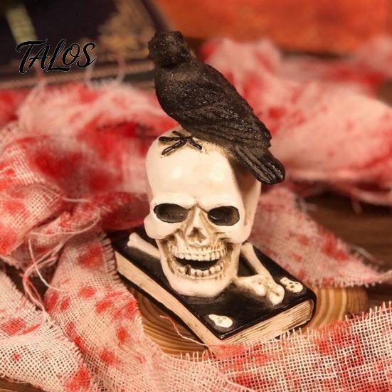 Vintage Style Skull Statue Mystical Raven on Statue, Gothic Crow Perching Figurine Decor with Book, Spooky Halloween Resin Sculpture for Desk