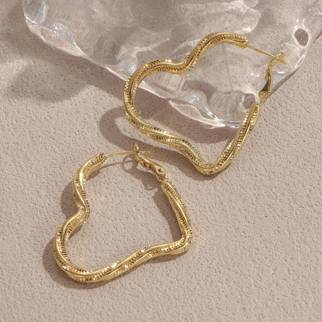 Copper Textured Hollow Heart Spring Hoop Earrings - Golden Sweet Women's Jewelry