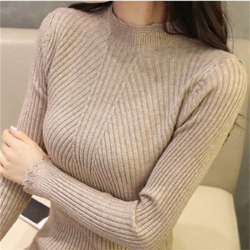 Women's New Autumn and Winter Long-sleeved Knitted Lace Pullover All-match Half Turtleneck Sweater