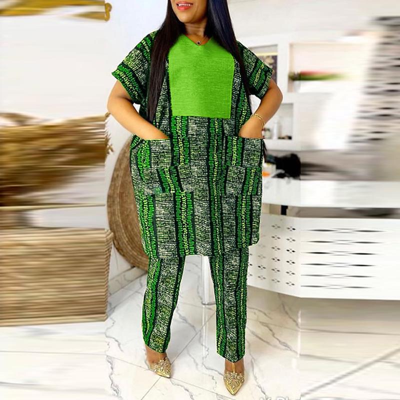 Women Plus Size V-Neck Short Sleeve Printed Tops & Pants Sets