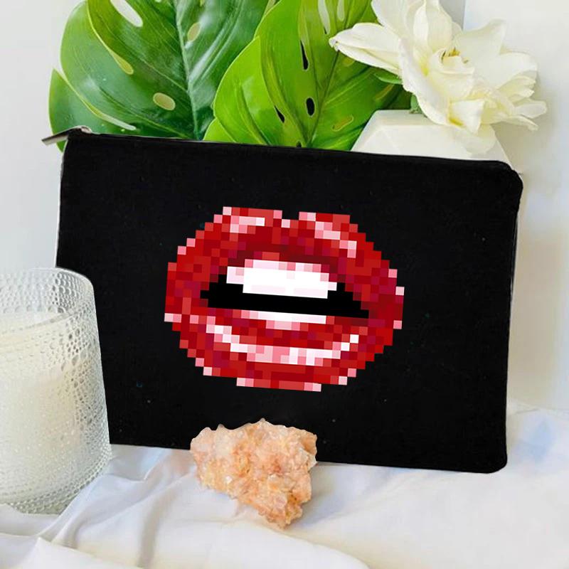 Mini Makeup Bag Women Red Lips Bite The Bullet Print Clutch Evening Bag Female Red Lip Fashion Lady Party Lipstick Cosmetic Bags