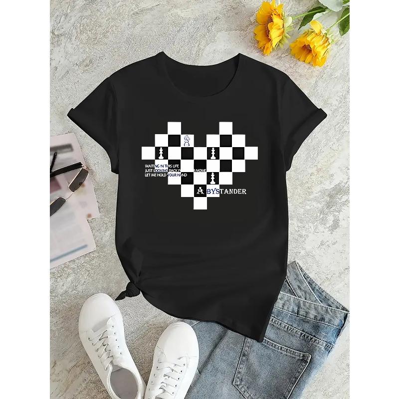 European Size Women's Casual Short Sleeve T-Shirt with Heart Checkered Chess Print & Inspirational Quote - Soft Stretch Round Neck Summer Top