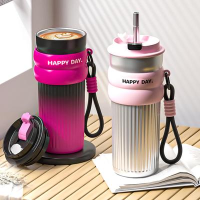 500ML Kaffeetasse mit Strohhalm Edelstahl Thermosbecher Kaffeetasse mit Seil Thermoflasche für Mädchen Vakuumflaschen Reisebecher Geschenke