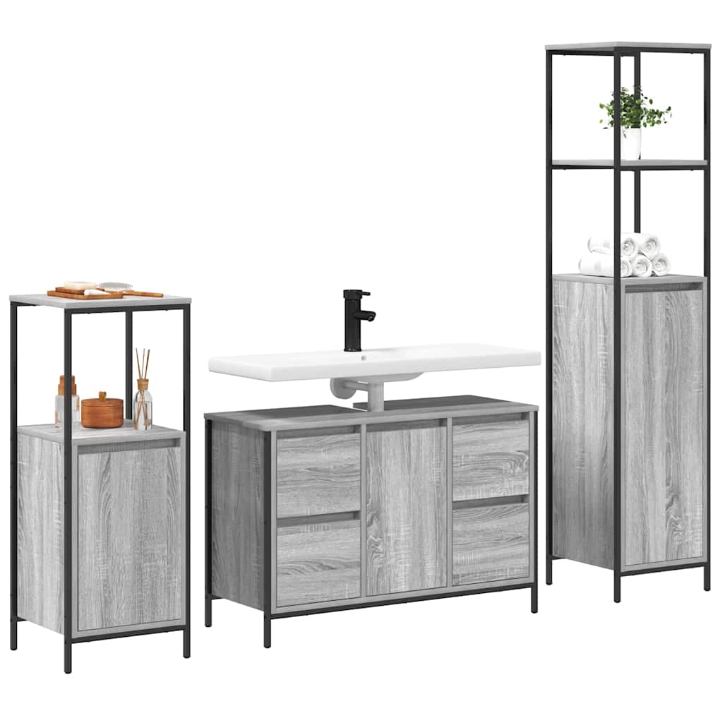 Bathroom Furniture Set with Shelf 3 pcs Grey Sonoma and Black