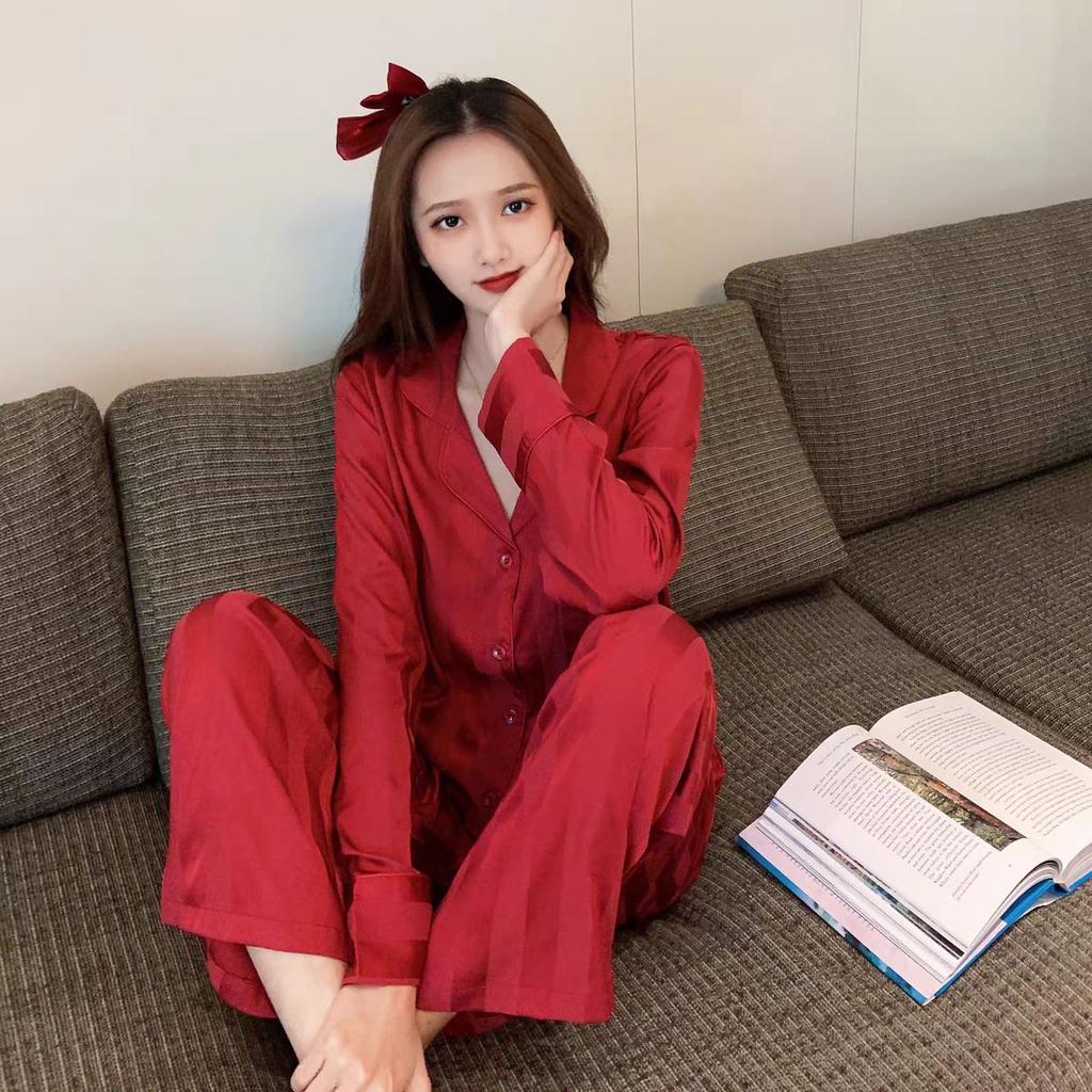 New Women's Pajamas Two-Piece Simulation Silk Senior Sense of Women's Long-Sleeved Pajamas Ice Silk Striped Leisure Home Wear Su
