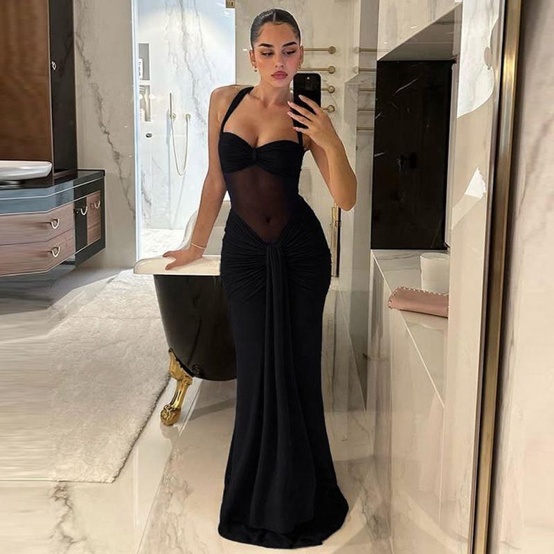 

Shemoda Fashion Style Sexy Mesh Stitching Midriff Outfit Twisted Collar Strap Halter Spaghetti Straps Dress Women Black L