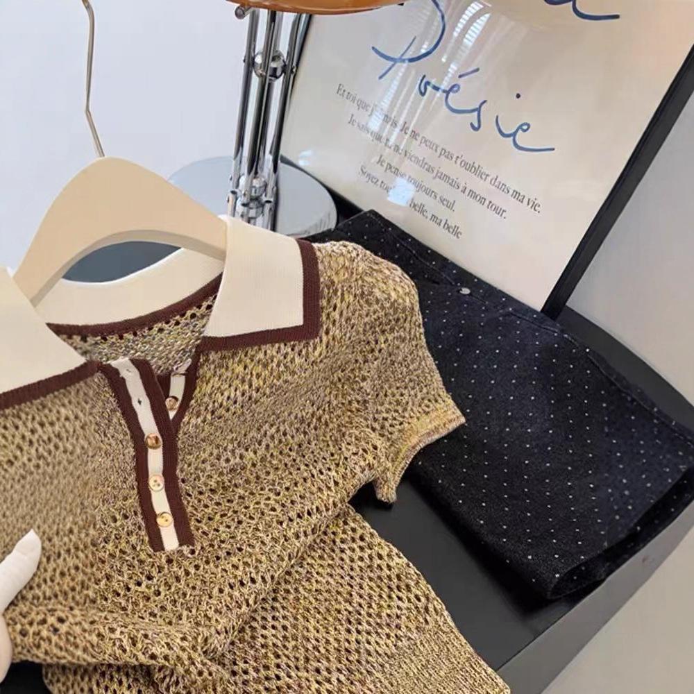 Contrasting color polo neck knitted sweater short-sleeved t-shirt women's short front shoulder hollow top summer thin light luxury high sense