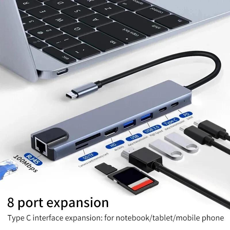 8 in 1 USB C Hub Type C to 4K HDTV Adapter with RJ45 SD/TF Card Reader Fast Charger for MacBook Notebook Windows Laptop Computer