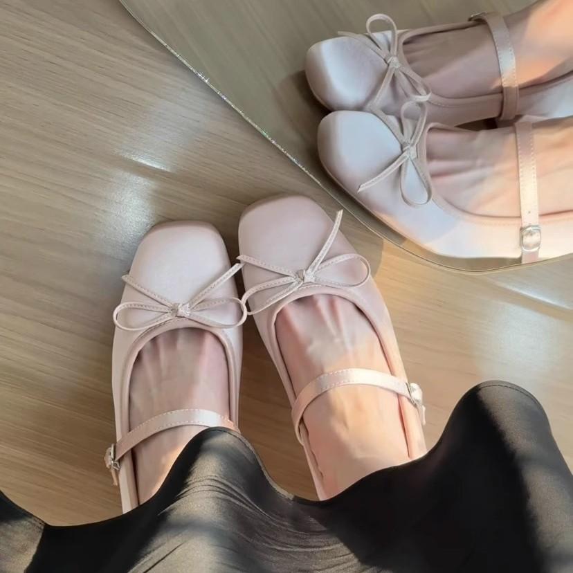 Inner height increase 7CM pink satin bow high heel Mary Jane shoes women's thick heel soft sole versatile ballet single shoes women