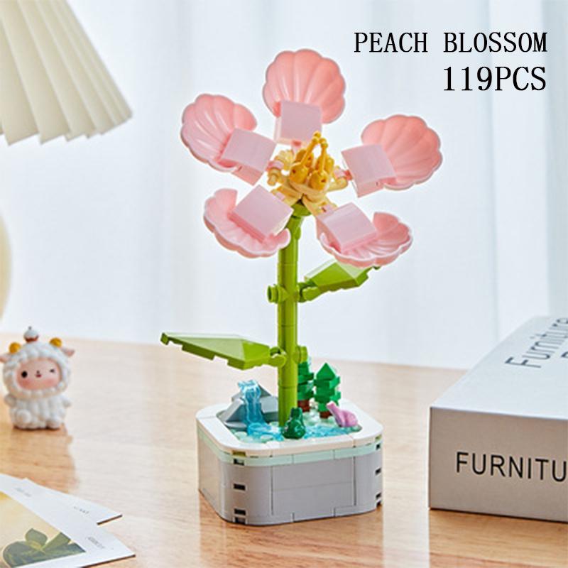 Plant Potted Building Blocks Peach Azalea Bouquet Creative Desktop Decoration Ornaments Children DIY Toys Holiday Gifts