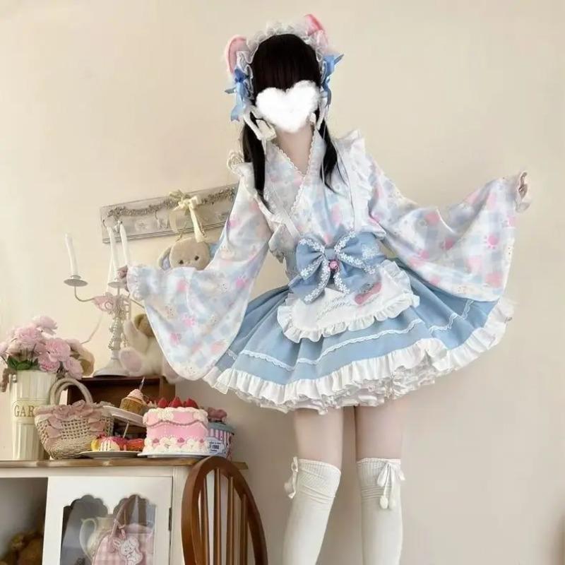 Traditional Japanese Lolita Coord Cherry Blossom Maid Dress Set Kawaii Vintage Cosplay Modern Hanfu