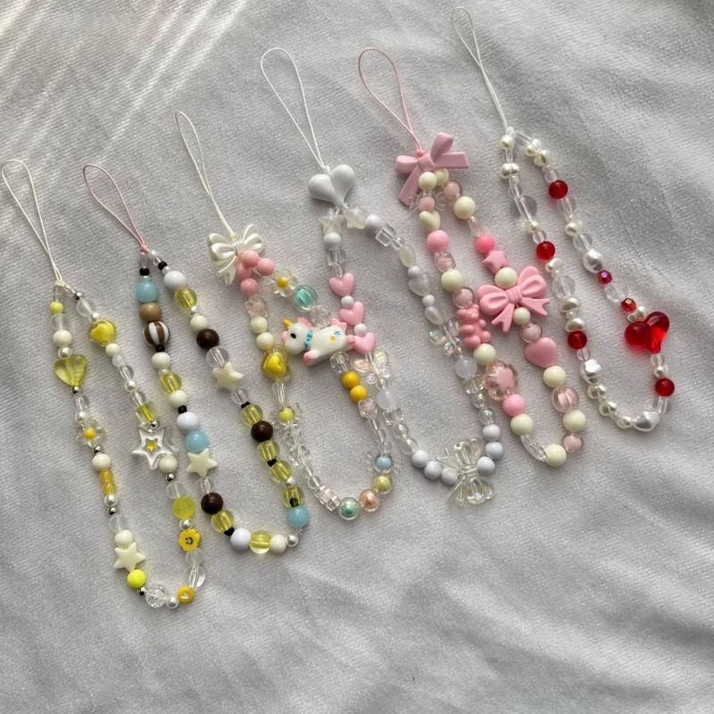 Bowknot Phone Lanyard Short Female Cute Peach Heart Colored Beaded Phone Shell Pendant Accessories Package Decoration