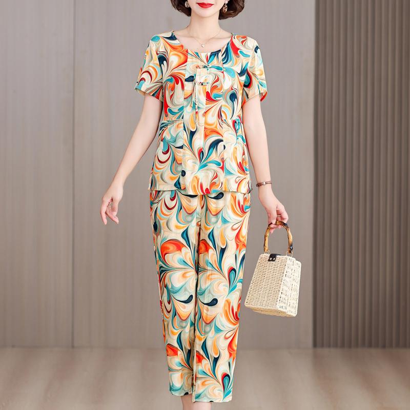 Plus Size 2 Piece Sets Women Outfit Summer Vintage Clothing Loose Casual Pants Sets