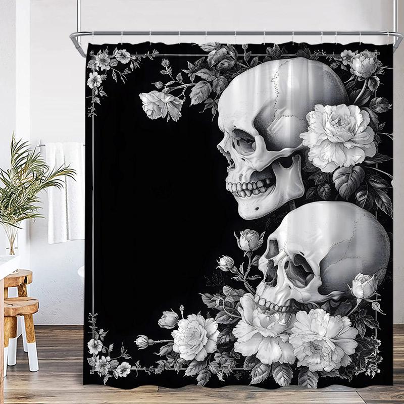 Floral Skull Shower Curtain Blue White Flowers Skeleton Horror Halloween Bath Curtains Polyester Black Bathroom Decor with Hooks