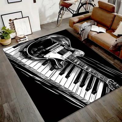 Music Theme Piano Keyboard Guitar Pattern Rug Black White Music Room Carpet Living Room Bedroom Floor Mat Home Decor Studio