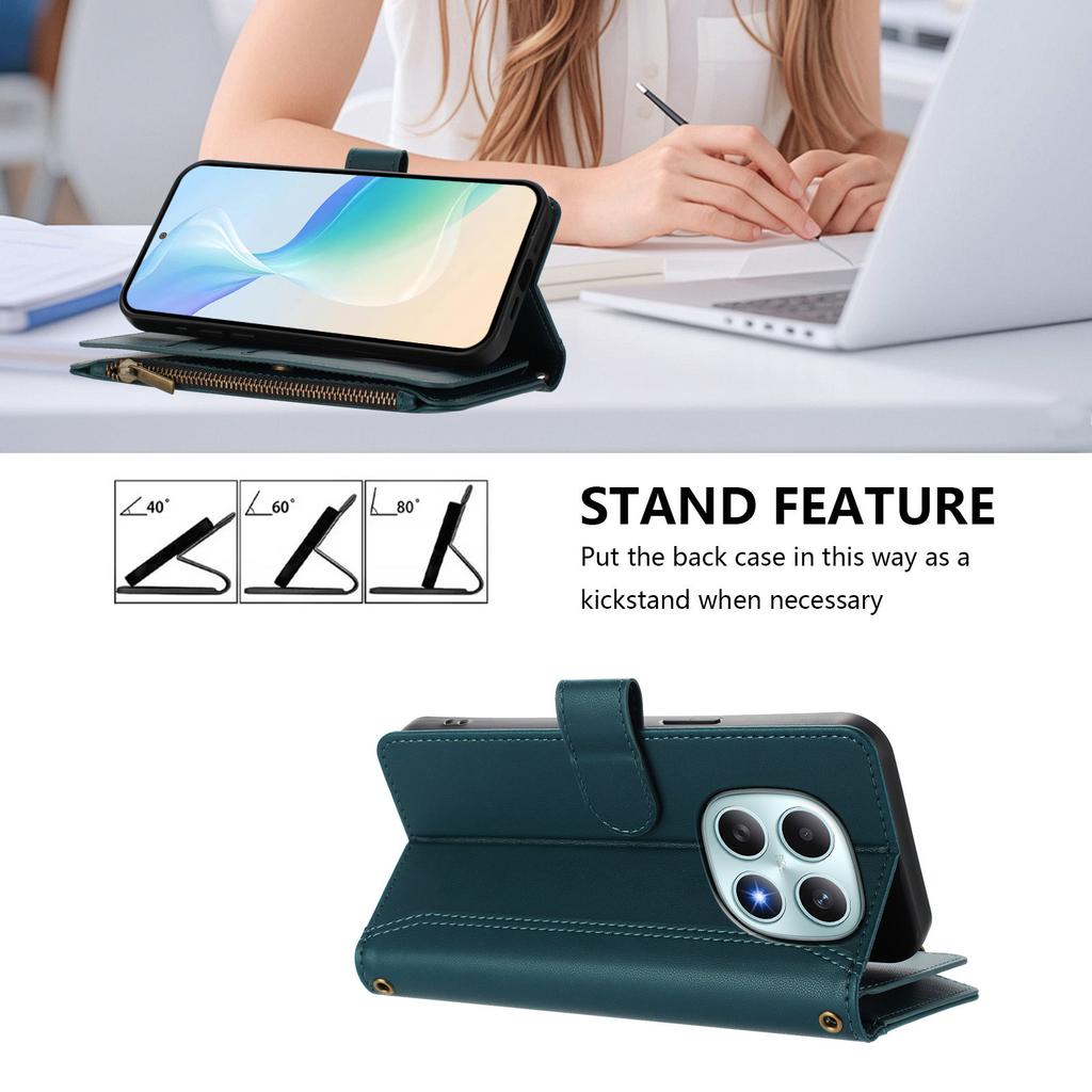 For Xiaomi Poco M8 5G/Redmi Note 15 5G (Global) Leather Case 9 Card Slots Zipper Wallet Stand Phone Cover with Wrist Strap