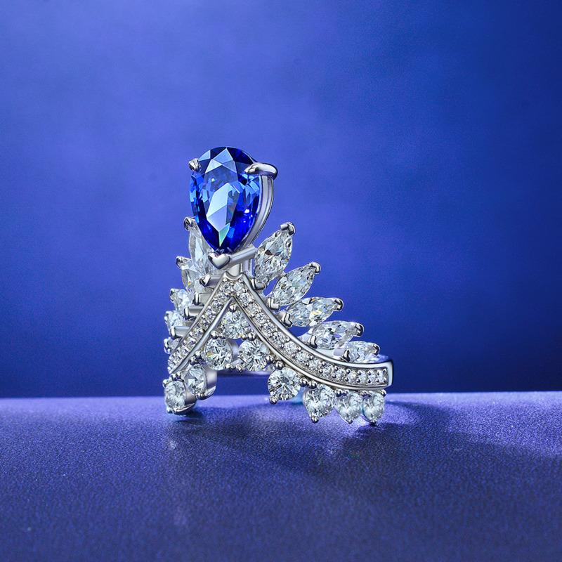 Gica Gema Luxury 925 Sterling Silver Pear Cut Sapphire Created Moissanite Gemstone Hyperbole Cocktail Ring Ladies Fine Jewelry