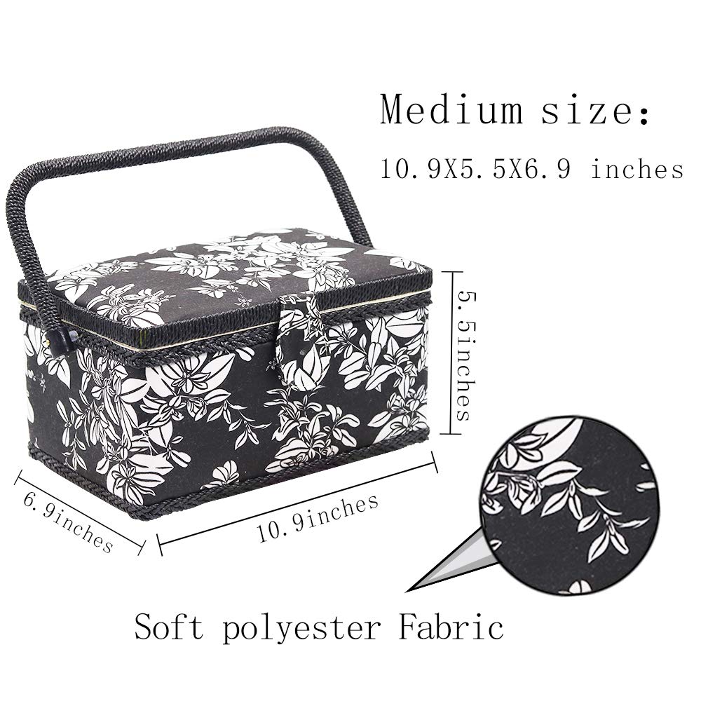 Classic Sewing Black and White Classic Floral Fabric Wooden Craft Storage Sewing Home Year D&D Box, Pattern, Box, Basket, Christmas/New Gift,