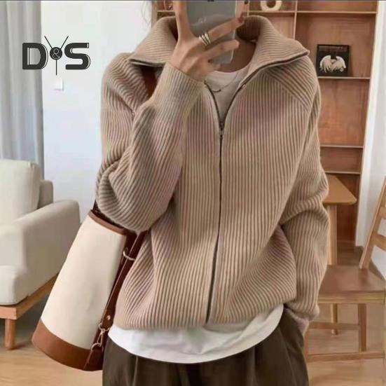 Women Sweater Coat Solid Color Lapel Long Sleeve Double Zipper Fly Design Knitting Coat Casual Commuting Style Outwear