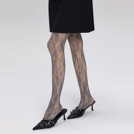 Sexy Retro Květinové Síťované Punčochy s Vinnou Rézou - Průhledné Krajkové Punčochové Kalhoty