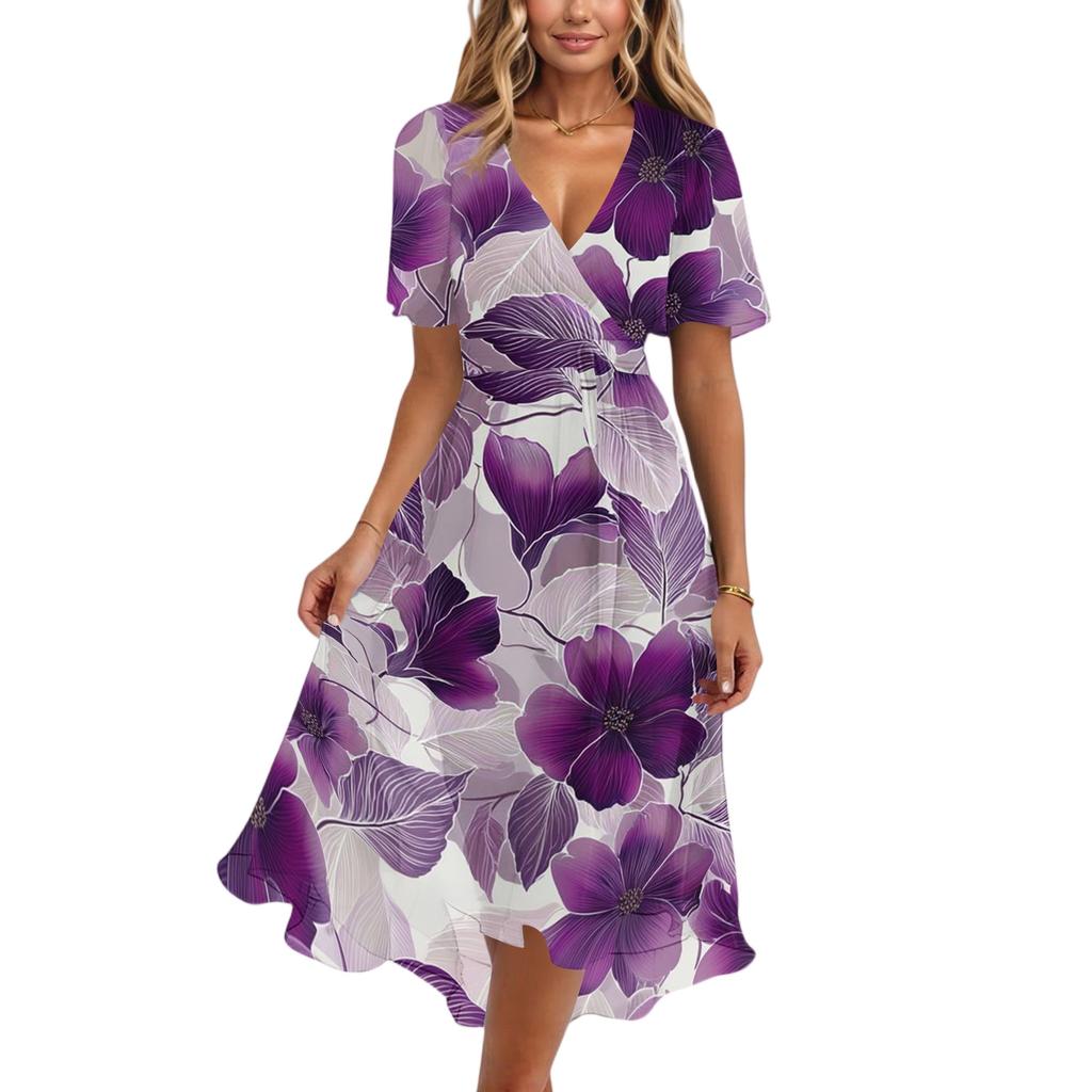 Women's Fashion Casual V Neck Short Sleeve Ruffled Vintage Printed Dresses