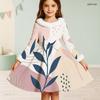 Girls High Neck Long Sleeve Fuzzy Trim Printed A Line Flared Dress With Bow