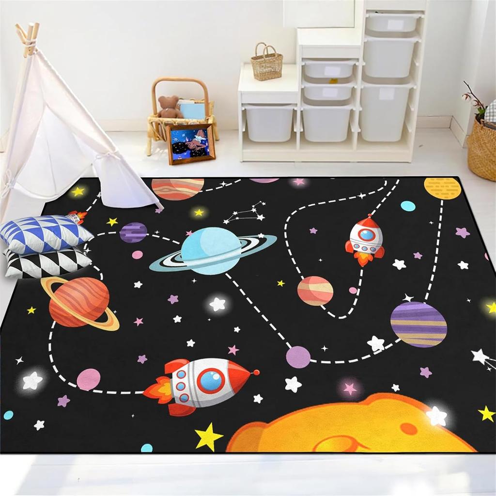 Space Rug - Space Rug for Boys Room Cartoon Solar System Carpet Educational Learning Carpet for Playroom Planet Themed Mat