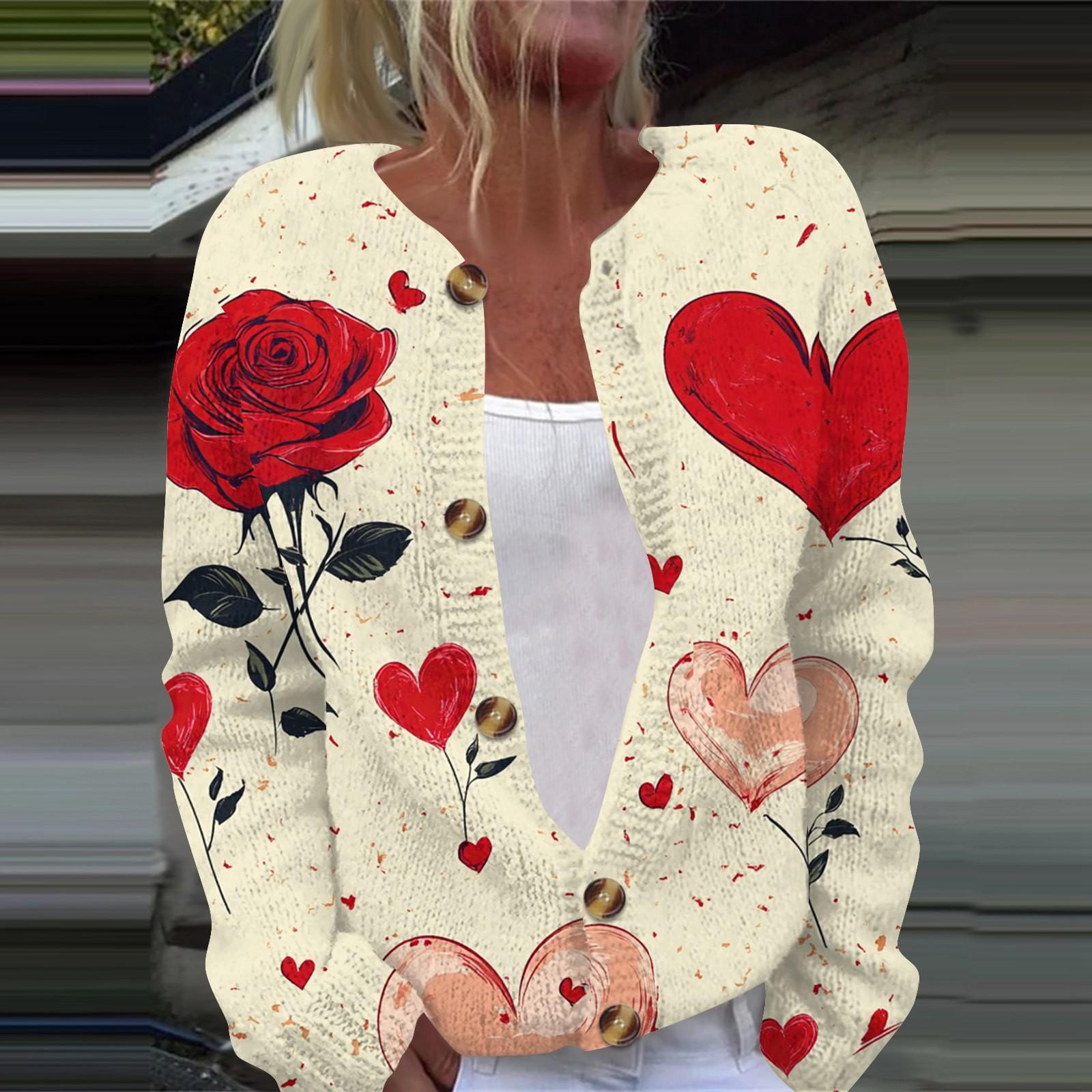 

Женская мода День святого Валентина Сердце Принт Длинный рукав Вязаный кардиган Куртка на пуговицах XL жёлтый