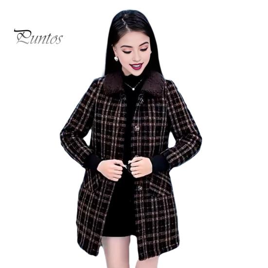 

Жіноче зимове пальто з бічними кишенями, відкладним коміром, однобортне пальто середньої довжини OL Куртка для поїздок і роботи, товстий верхній одяг у клітку XL кавовий