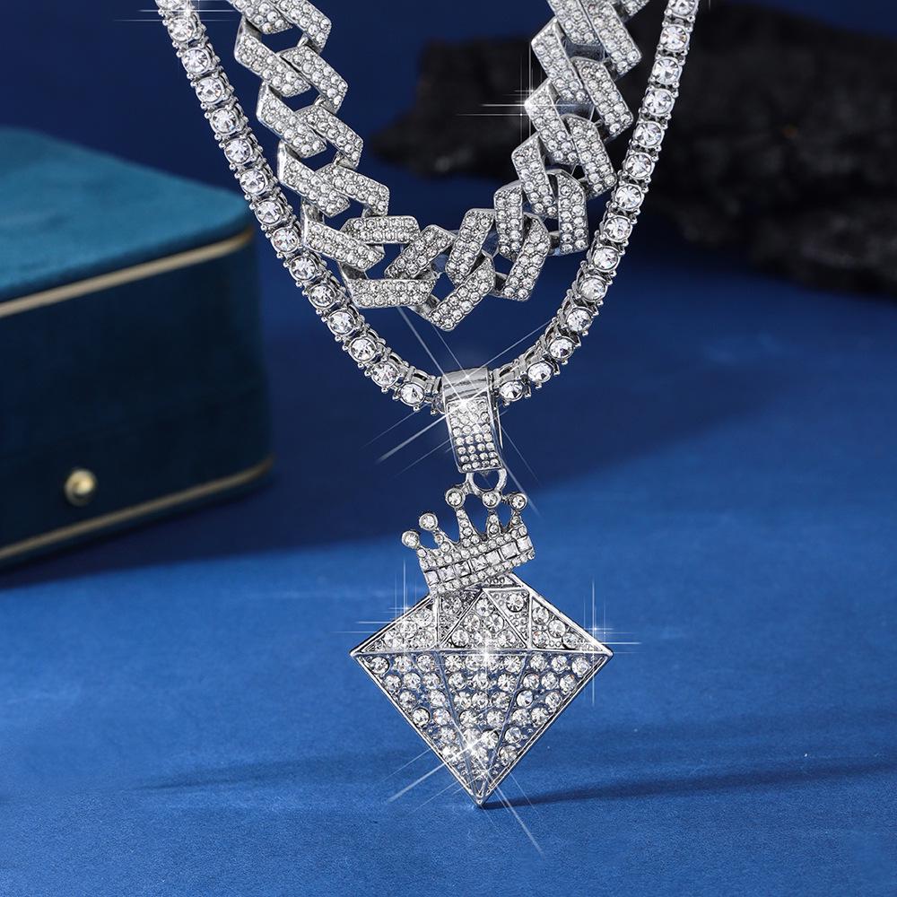 Hip Hop Full Diamond Fashion Necklace Set: Cuban Chain & Tennis Chain