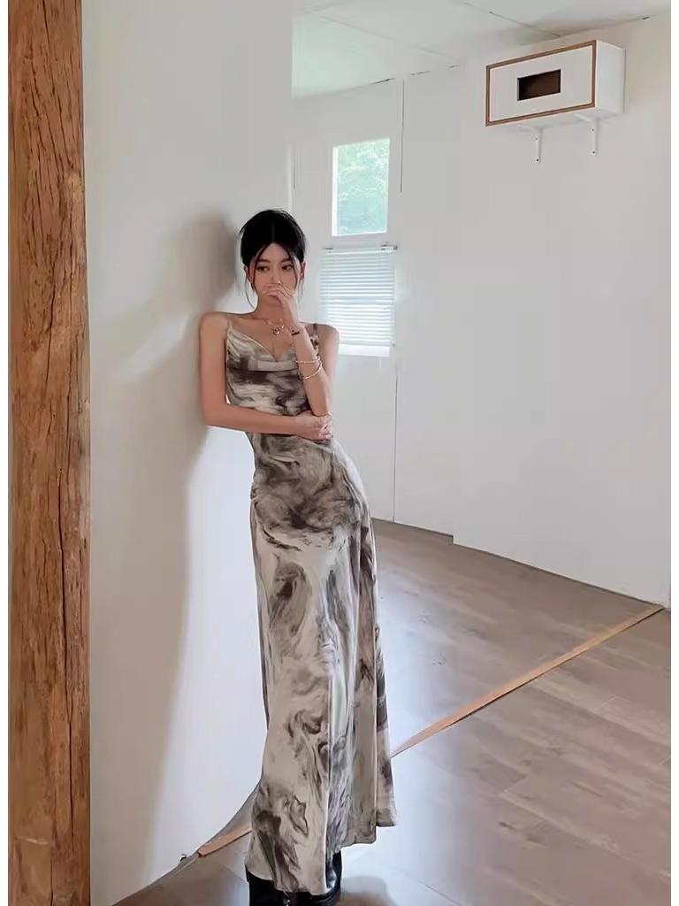 Adjustable Spaghetti Strap Ink Painting Bodycon Fishtail Dress - Chinese Style