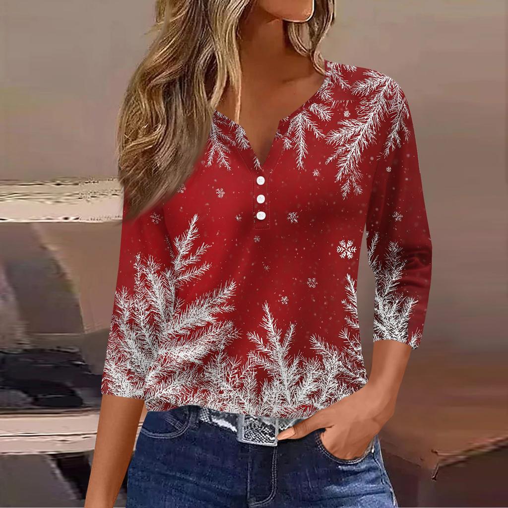 Women's Casual Fashion V-neck Loose Versatile Christmas Print Three-quarter Sleeve Top