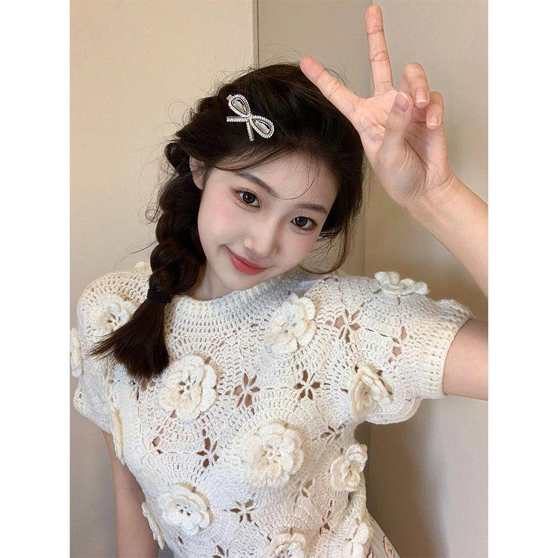 Women White Floral Crochet Knit Top Short Sleeve Crew Neck Casual Blouse M