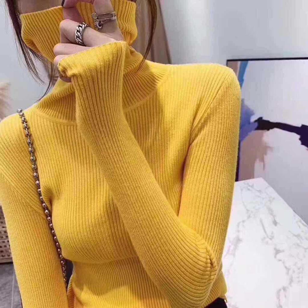 2025 Autumn/Winter Women's High Neck Pullover Sweater, Long Sleeve, Slim Fit, Solid Color Knitwear