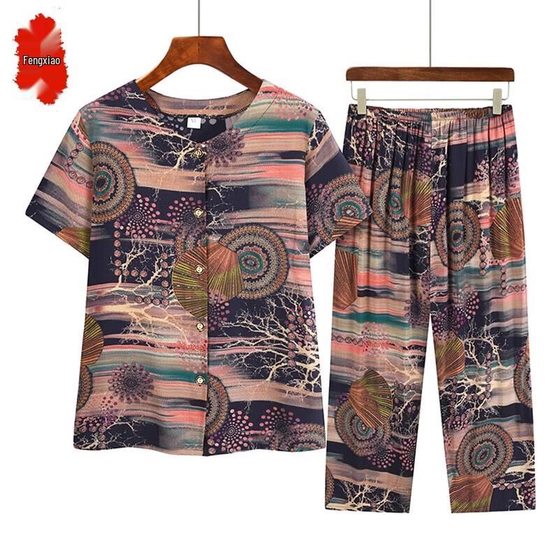 Elderly Women s Cotton Rayon Summer Two-Piece Outfit