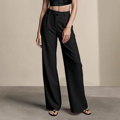 Women Suit Pants High Waist Button Zipper Fly Office Lady Trousers with Pockets Solid Color Straight Wide Leg Dress Pants