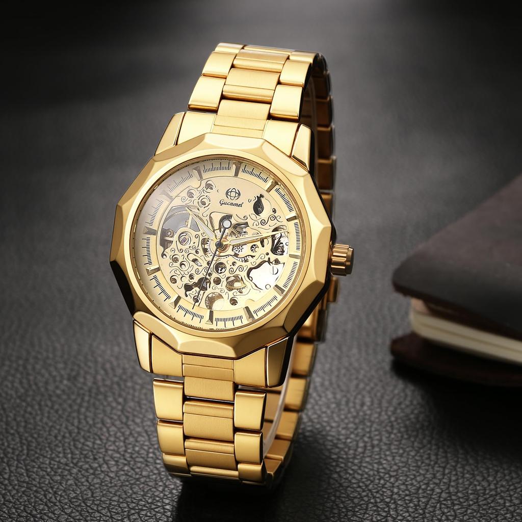 Men's Automatic Mechanical Skeleton Watch Luminous Analog Display Antique Waterproof Stainless Steel Band Casual Business Silver Gold black -