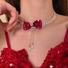 Collier avec Perles Nœud Argenté Pompon Bijou de Cou Brillant Perles Personnalisées Choker Strass pour Cadeau