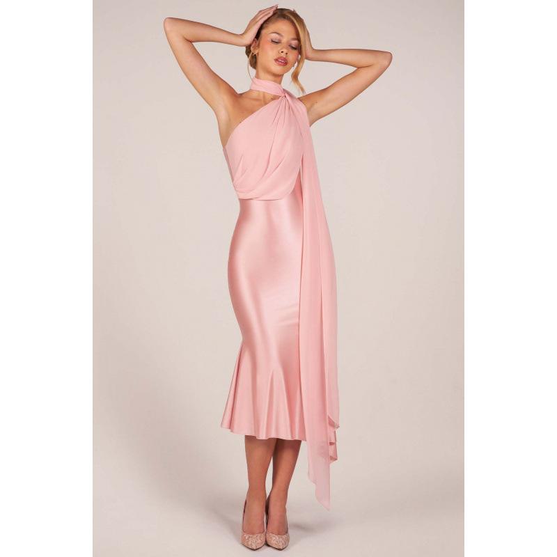 2026 European and American new women s clothing sexy slim-fitting neck high-grade elastic satin hip-wrapped streamer dress S розовый
